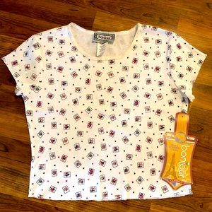 Vintage Y2K Bonjour Crop Top Womens Large White with Flowers New With Tags